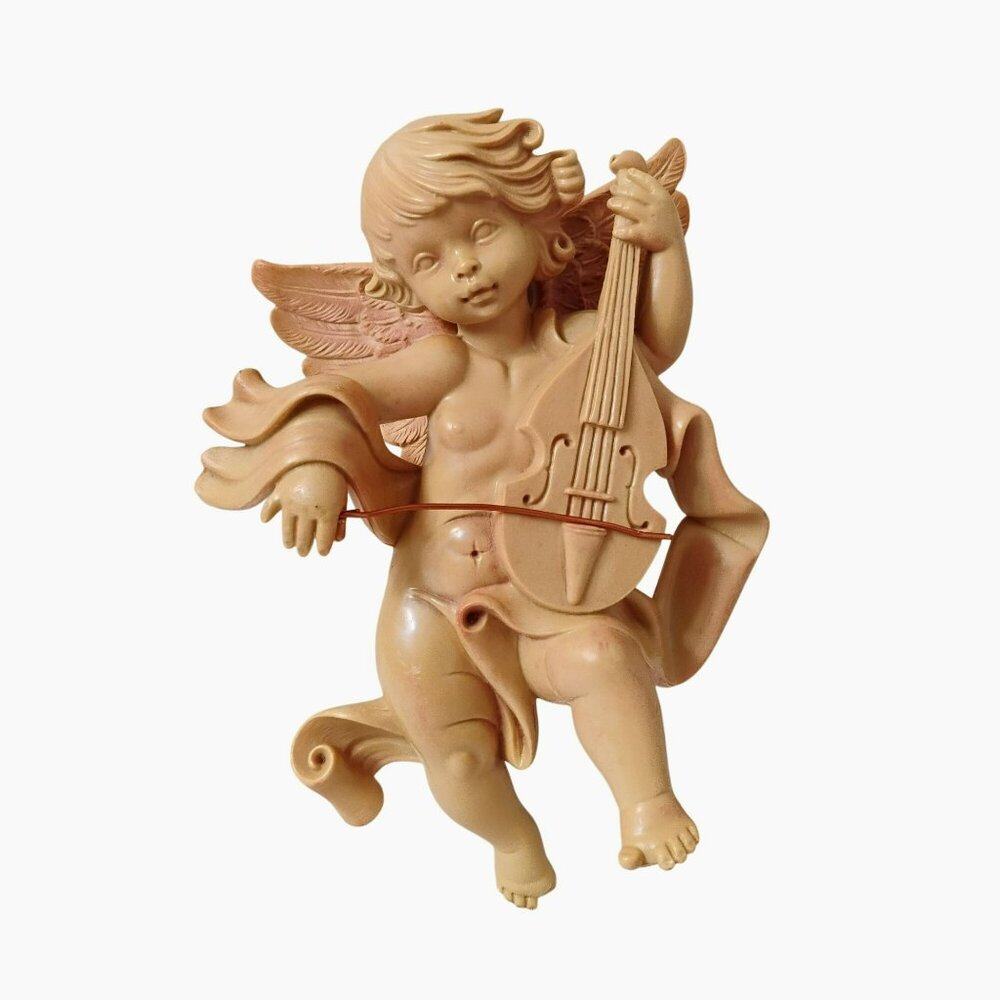 Vintage Italian Cherub Wall Hanging, Angel Playing Violin Figurine Made in Italy